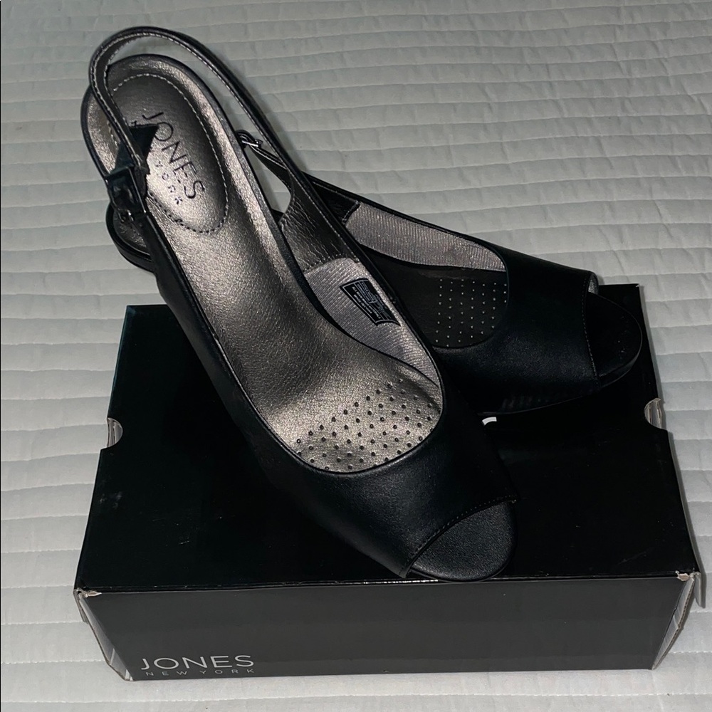 Jones New York Black Peep-Toe Slingback Heels